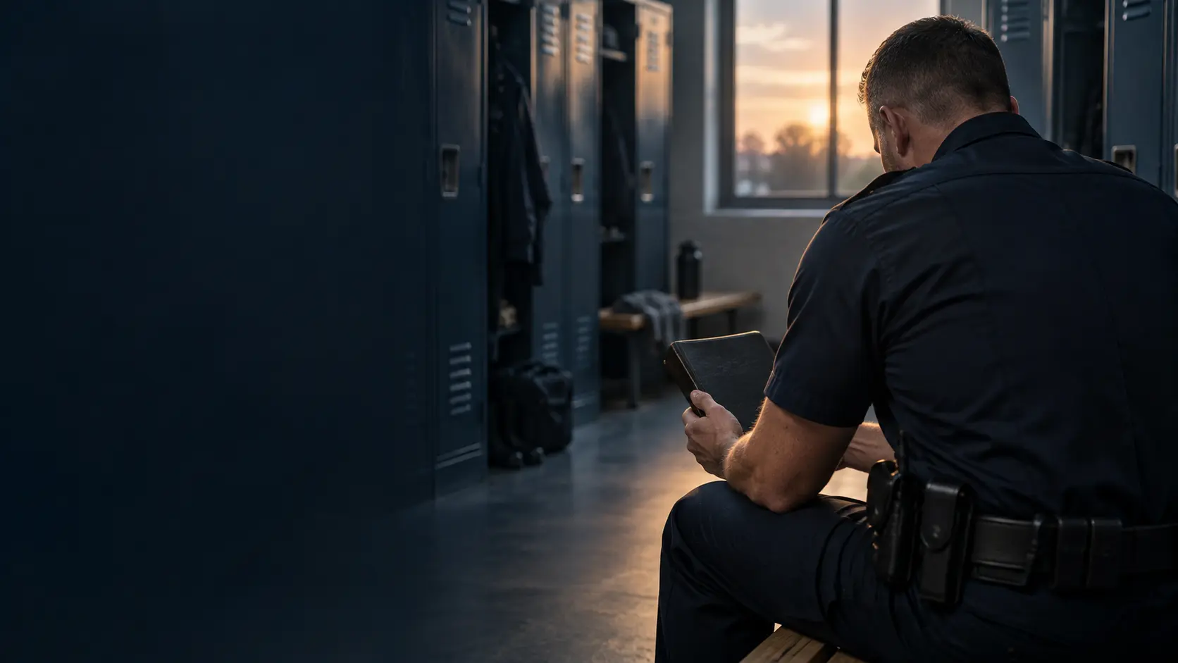 A law enforcement officer in a quiet moment holding a Bible before the day begins